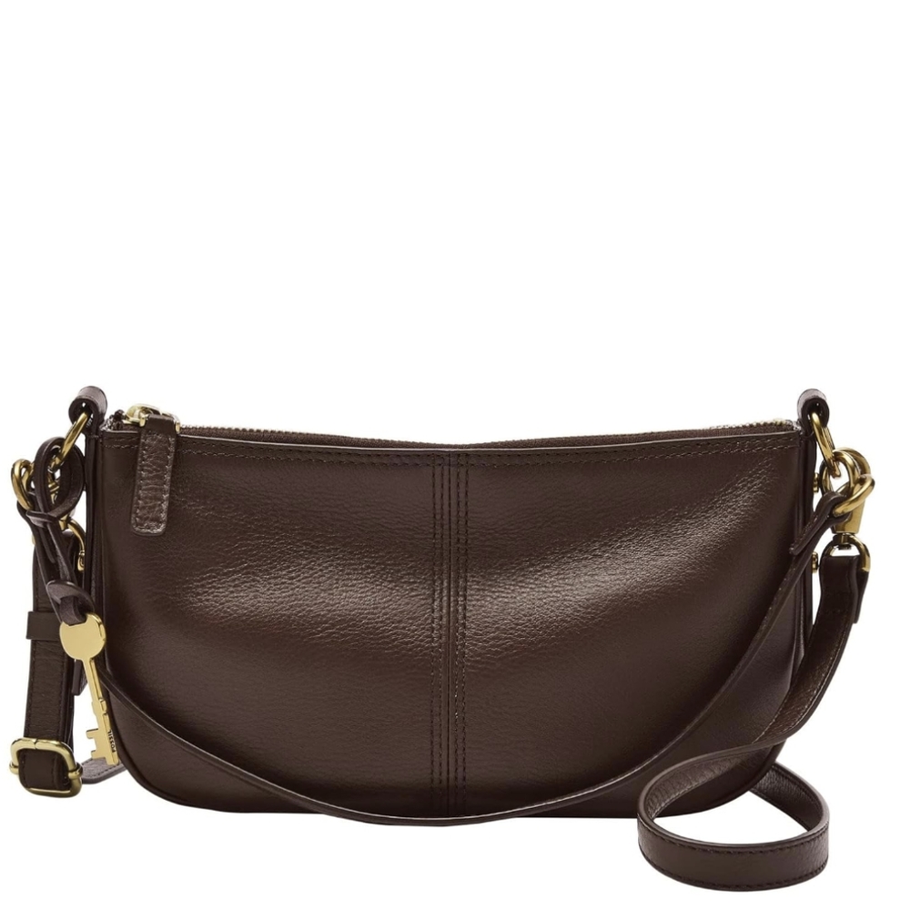Fossil Jolie Baguette Espresso Brown Leather & Brass Crossbody Purse